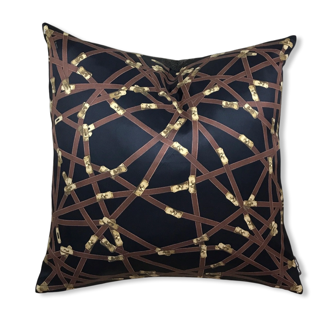 Hermès Très Kelly Noir Vintage Silk Scarf Pillow Cover 28"